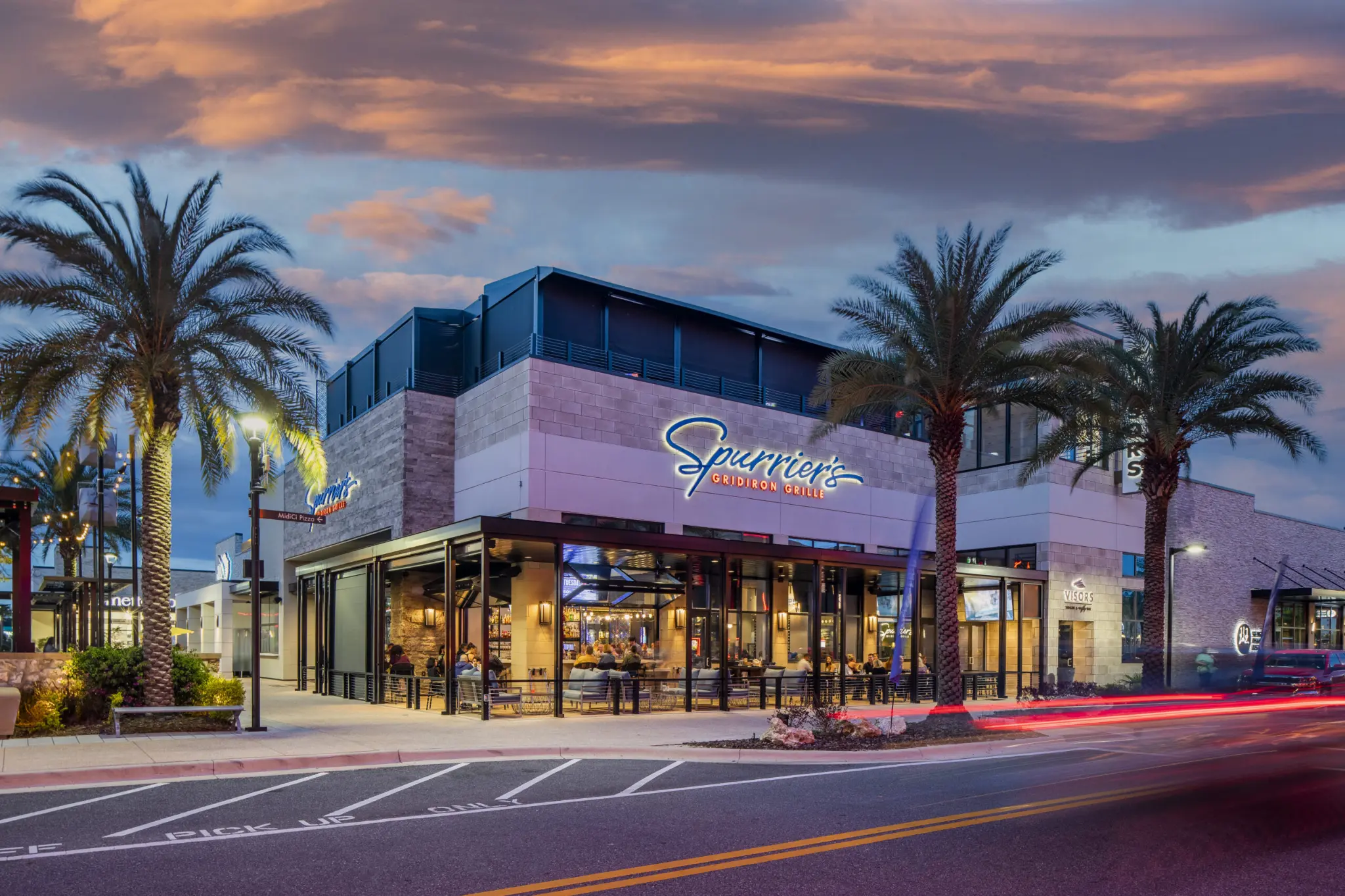 Spurrier's Gridiron Grille exterior at dusk